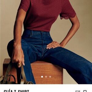 Ribbed Lace-Trim Short Sleeve Top in Wine